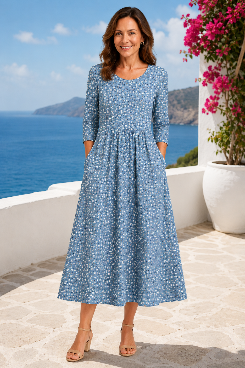 Elisa-Blue Floral Midi Dress