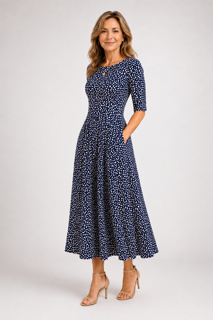 Marlowe-Navy Leaf Midi Dress