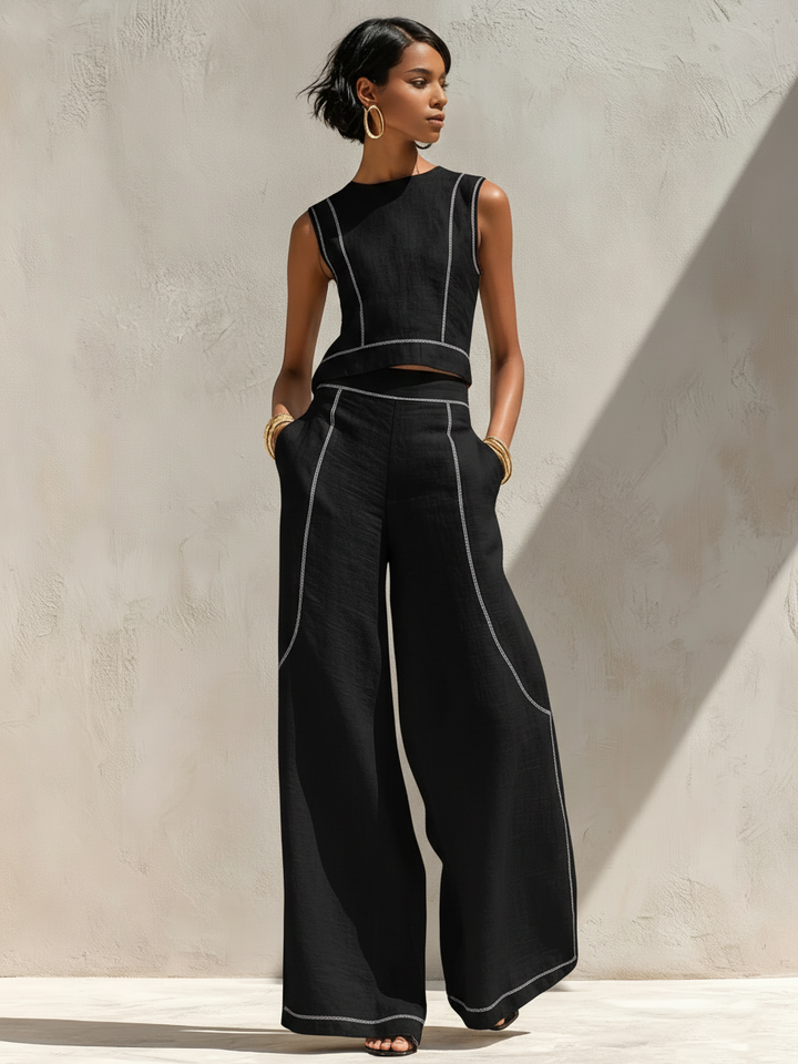 Teagan™ | Elegant Contrast-Stitched Two-Piece Pants Set