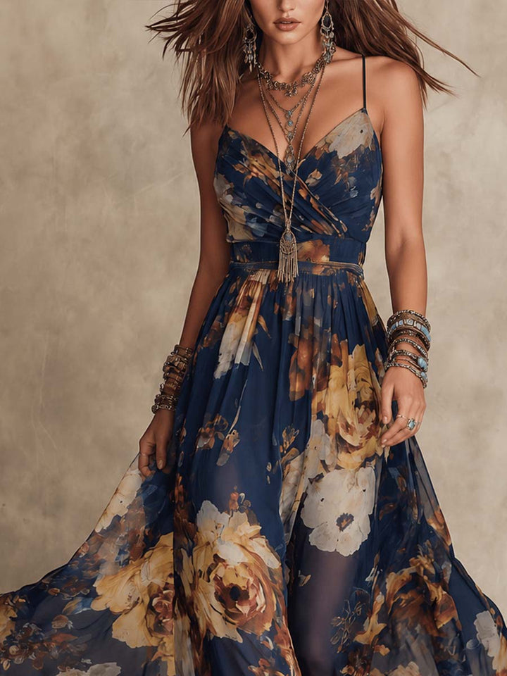 Rosalie™ | Navy Blue Floral Print Spaghetti Strap Maxi Dress