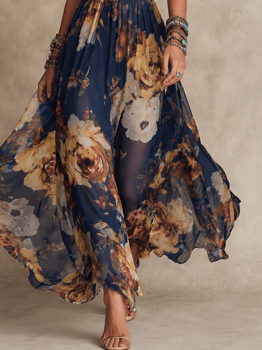 Rosalie™ | Navy Blue Floral Print Spaghetti Strap Maxi Dress