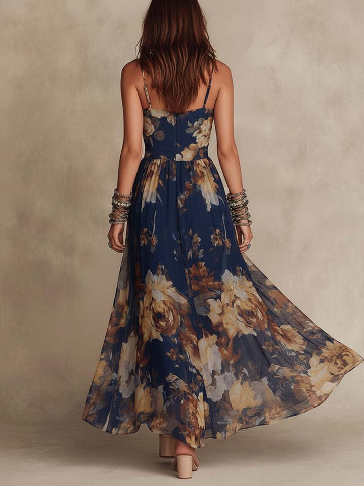 Rosalie™ | Navy Blue Floral Print Spaghetti Strap Maxi Dress