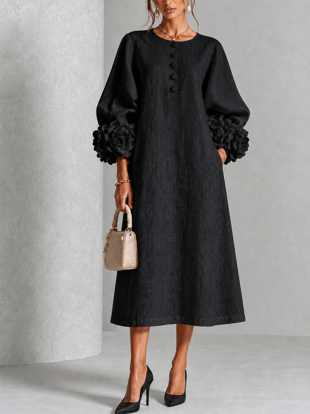 Adeline™ | Black Floral Button-Down Midi Dress