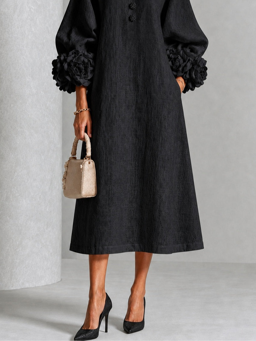 Adeline™ | Black Floral Button-Down Midi Dress