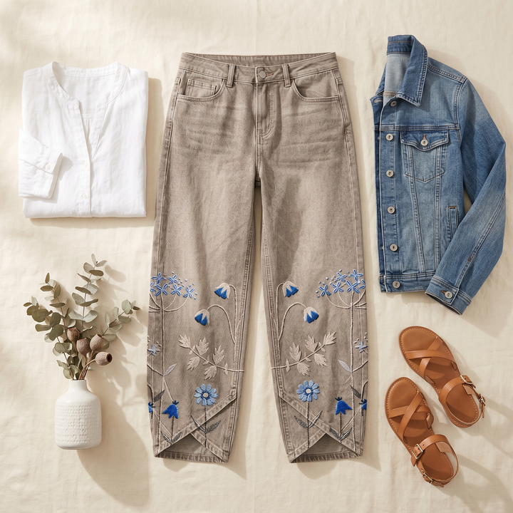 Emma™ | Embroidered Wide-Leg Tulip Hem Jeans