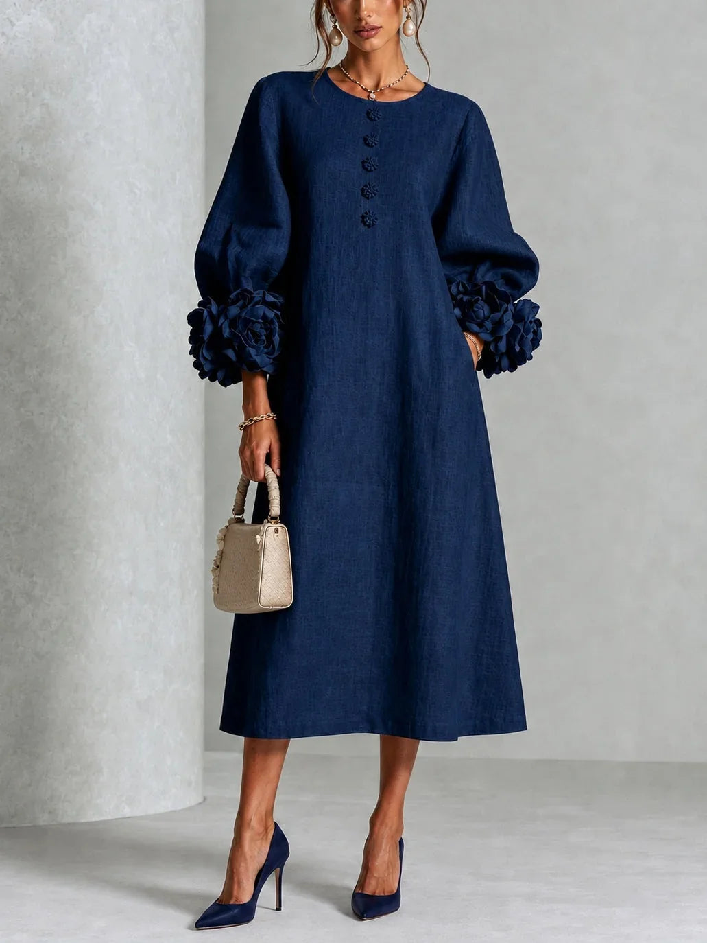 Adeline™ | Black Floral Button-Down Midi Dress