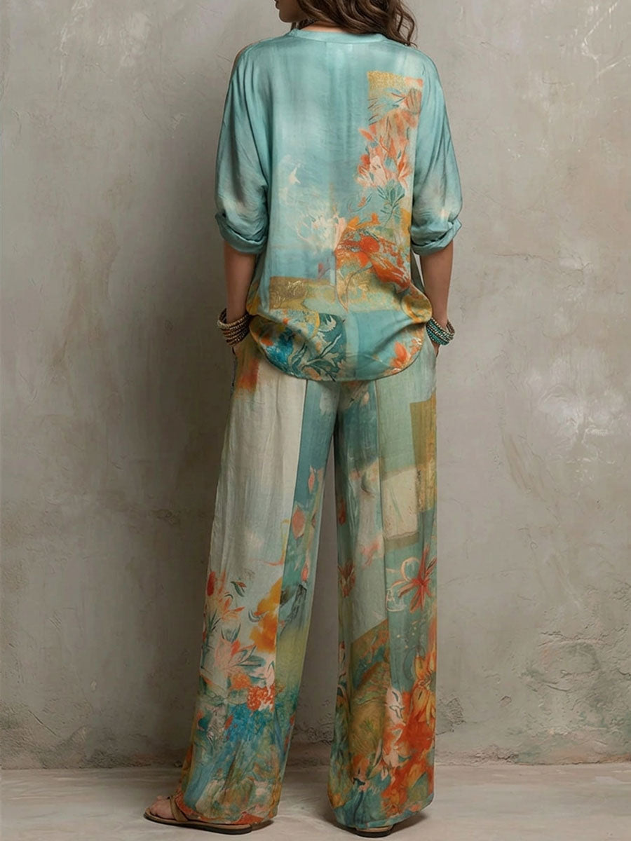 Aveline™ | Elegant Floral Print Two-Piece Pants Set