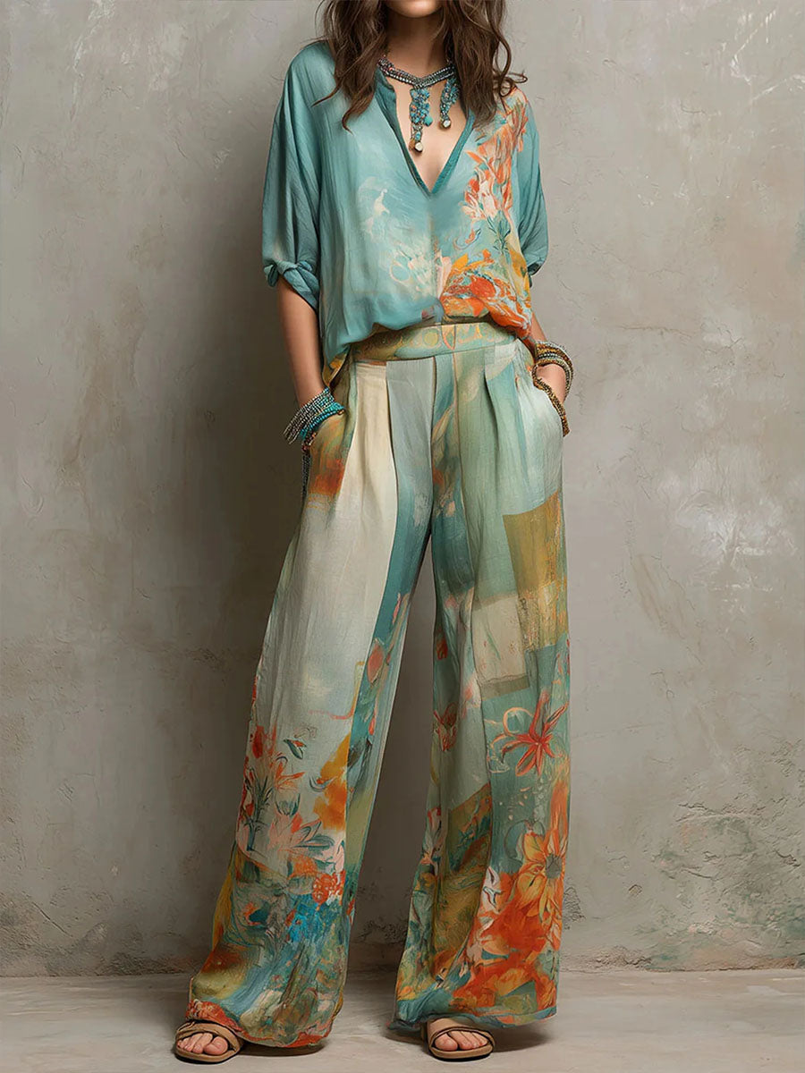 Aveline™ | Elegant Floral Print Two-Piece Pants Set